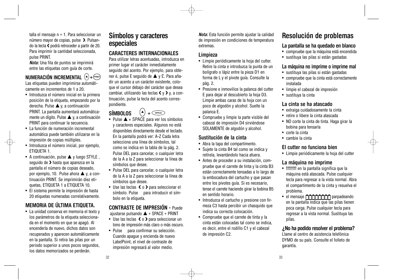 Símbolos y caracteres especiales, Resolución de problemas | Dymo LabelPoint 100 User Manual | Page 17 / 26