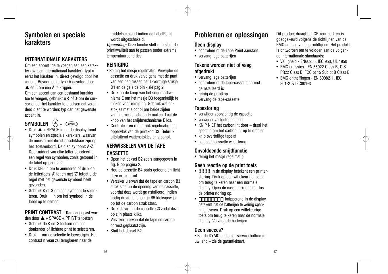 Problemen en oplossingen, Symbolen en speciale karakters | Dymo LabelPoint 100 User Manual | Page 9 / 26