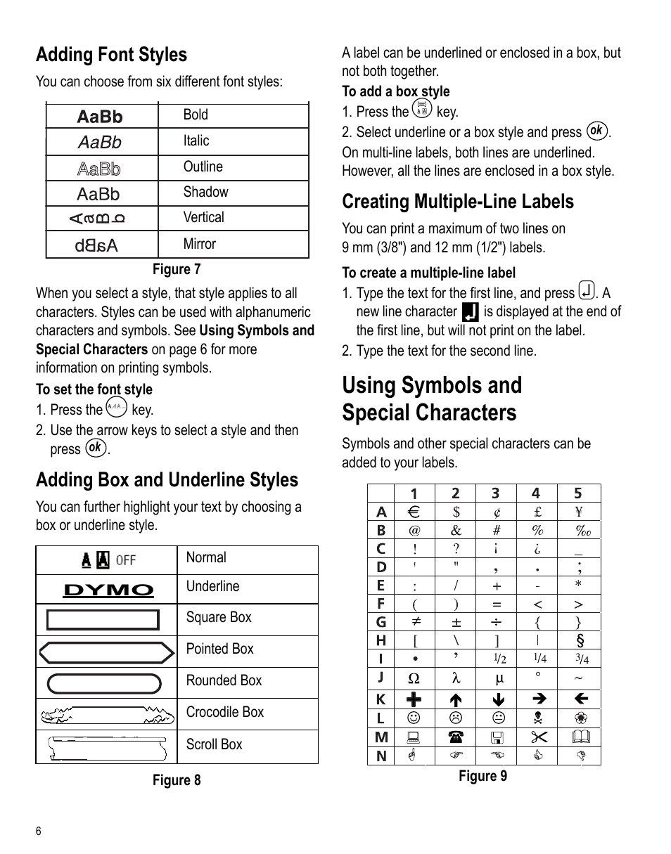 Adding font styles, Adding box and underline styles, Creating multiple-line labels | Using symbols and special characters | Dymo LabelPoint 150 User Manual | Page 4 / 10