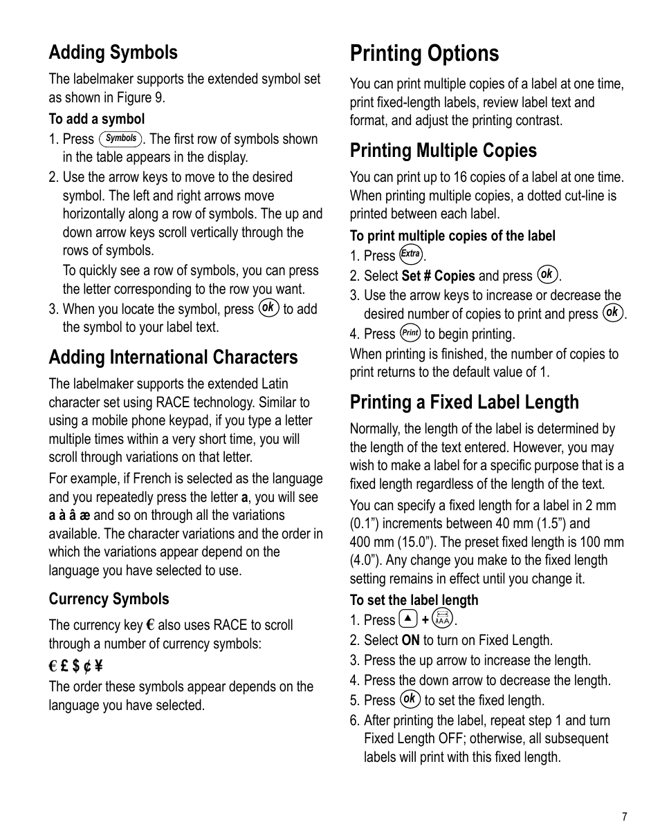 Adding symbols, Adding international characters, Currency symbols | Printing options, Printing multiple copies, Printing a fixed label length | Dymo LabelPoint 150 User Manual | Page 5 / 10