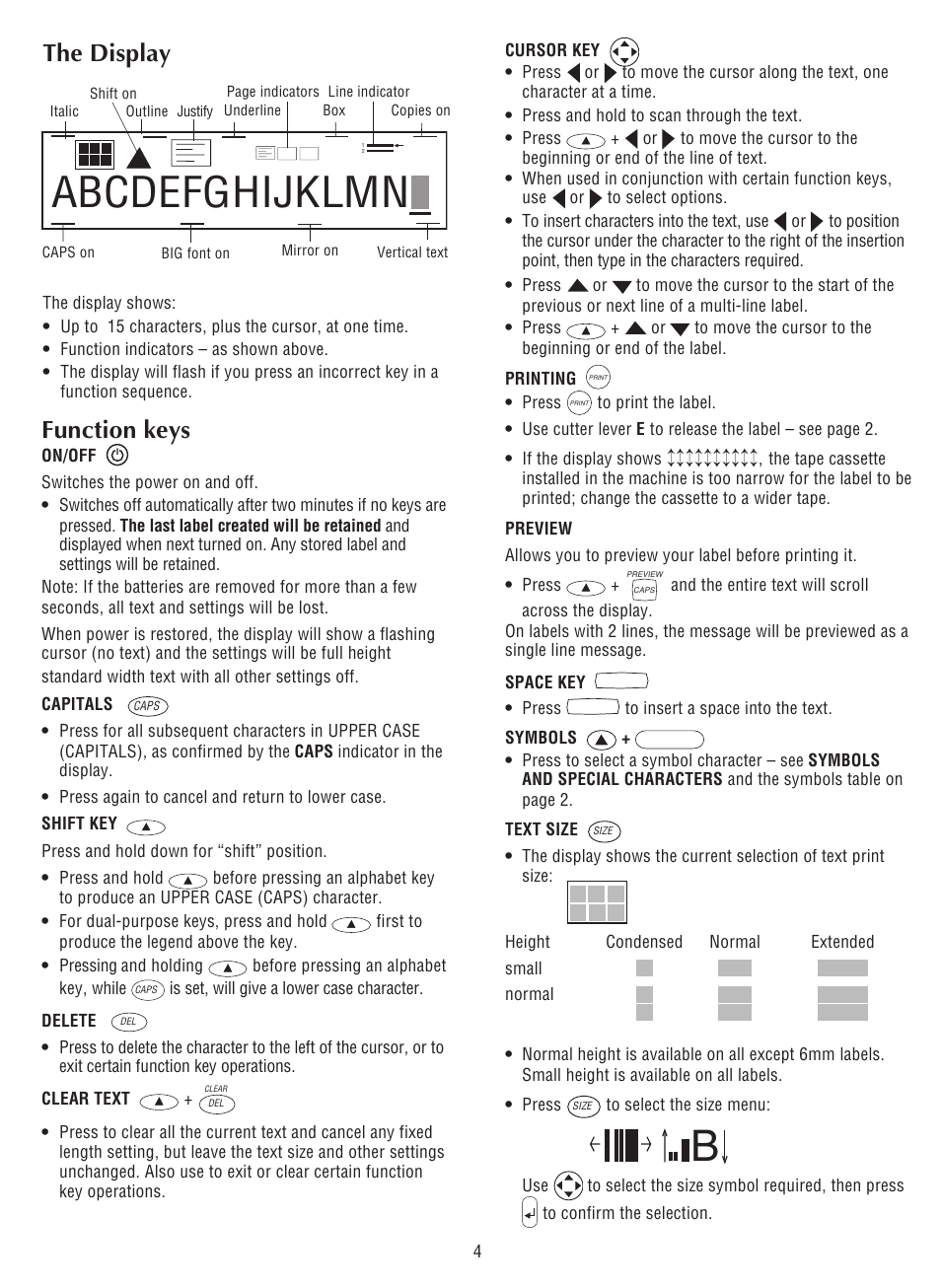 Abcdefghijklmn, The display, Function keys | Dymo LabelPoint 200 User Manual | Page 3 / 7