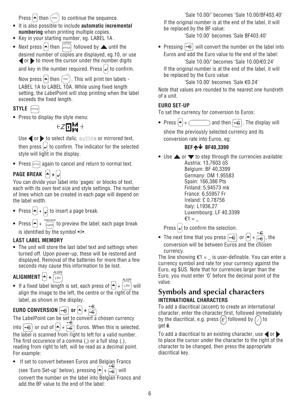 Symbols and special characters | Dymo LabelPoint 200 User Manual | Page 5 / 7