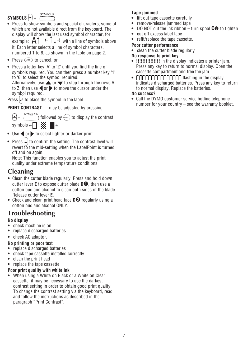 Cleaning, Troubleshooting | Dymo LabelPoint 200 User Manual | Page 6 / 7