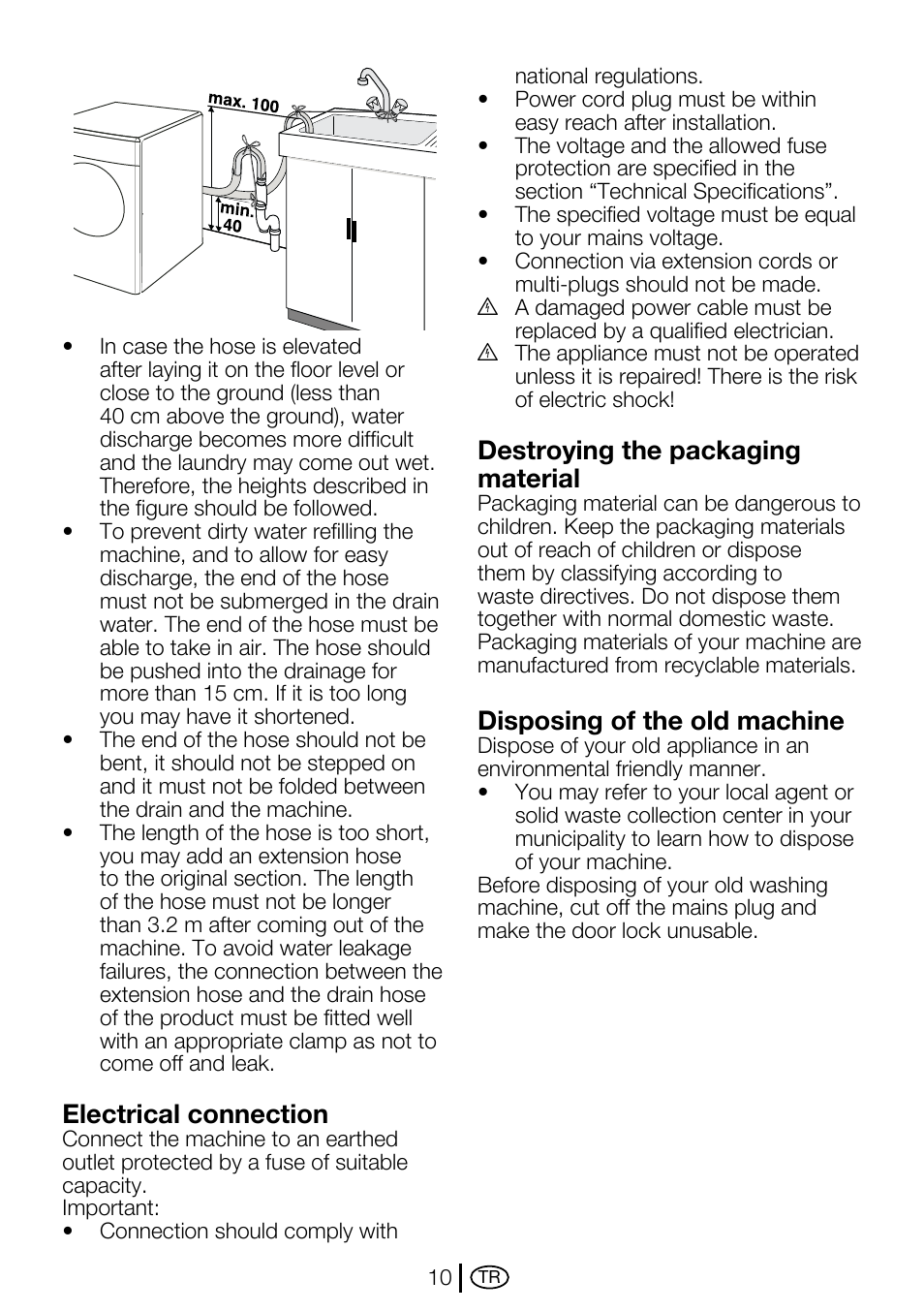 Electrical connection, Destroying the packaging material, Disposing of the old machine | Beko D2 7082 E User Manual | Page 10 / 36