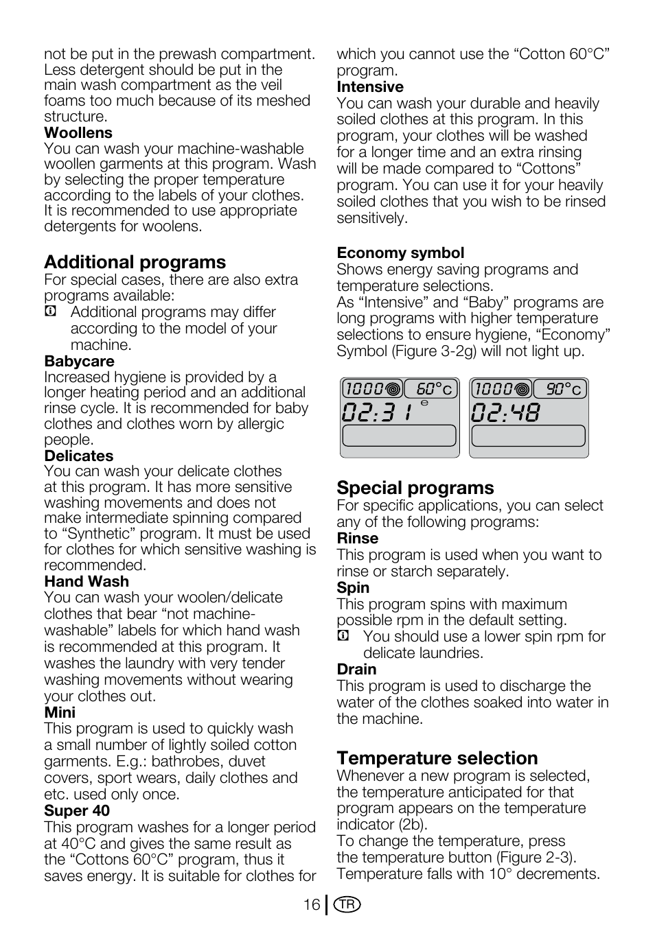 Additional programs, Special programs, Temperature selection | Beko D2 7082 E User Manual | Page 16 / 36