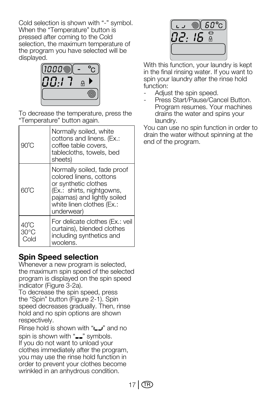 Spin speed selection | Beko D2 7082 E User Manual | Page 17 / 36