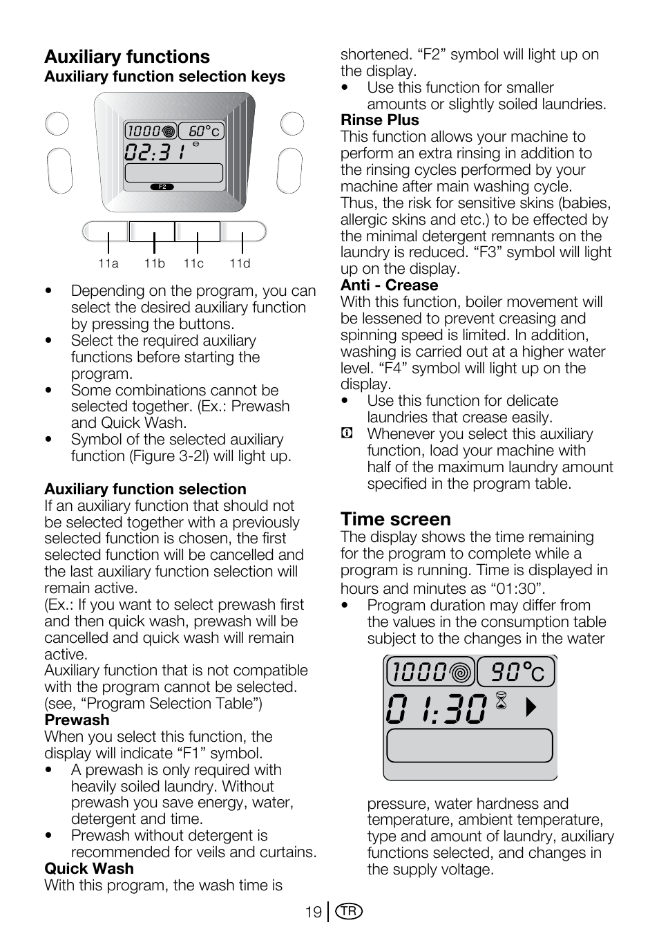 Auxiliary functions, Time screen | Beko D2 7082 E User Manual | Page 19 / 36