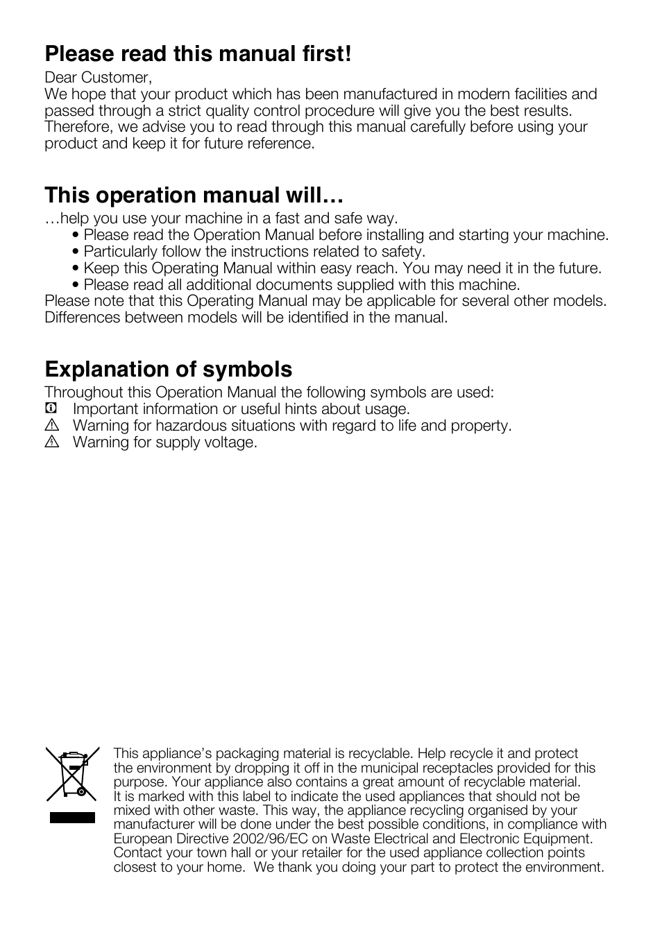 Please read this manual first, This operation manual will, Explanation of symbols | Beko D2 7082 E User Manual | Page 2 / 36