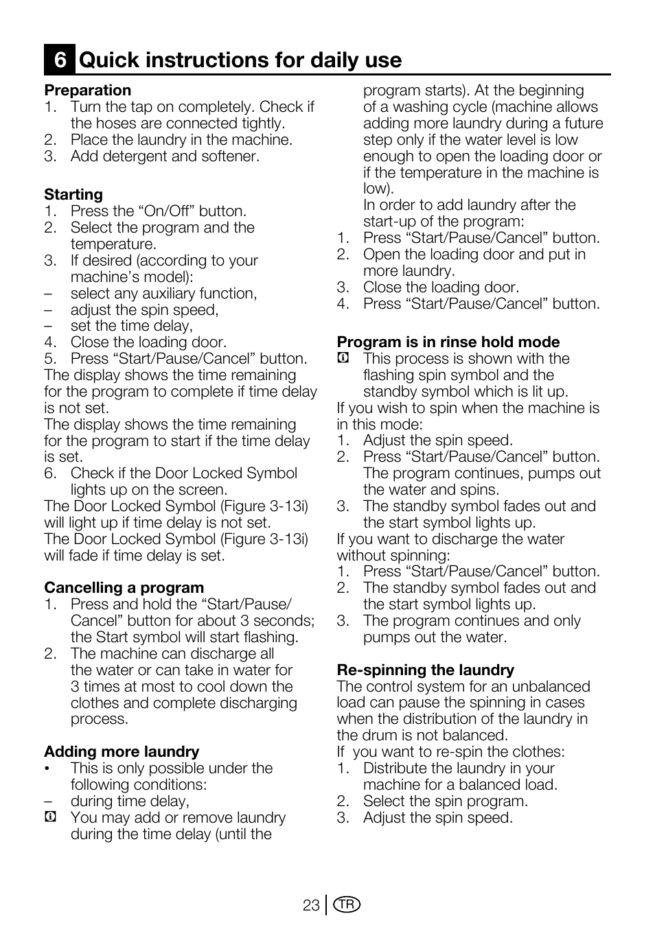 6quick instructions for daily use | Beko D2 7082 E User Manual | Page 23 / 36