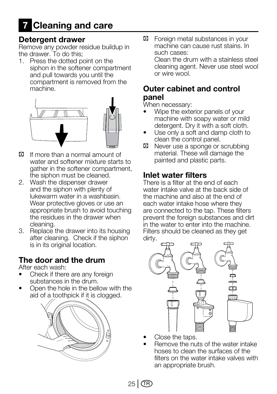 7cleaning and care, Detergent drawer, The door and the drum | Outer cabinet and control panel, Inlet water filters | Beko D2 7082 E User Manual | Page 25 / 36
