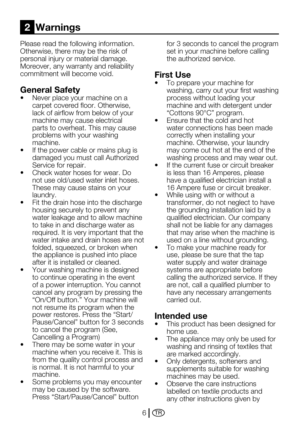 2warnings, General safety, First use | Intended use | Beko D2 7082 E User Manual | Page 6 / 36