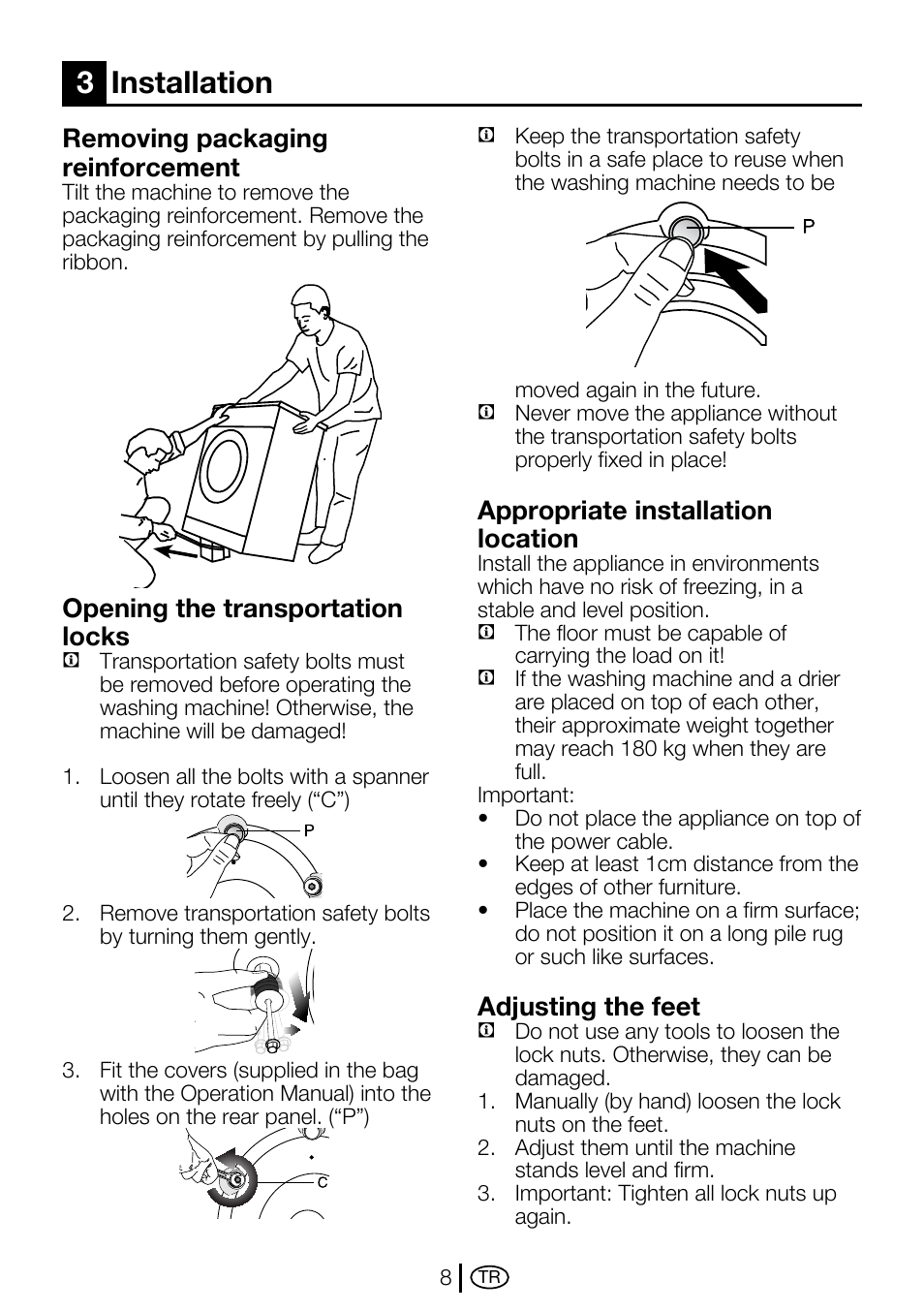3installation, Removing packaging reinforcement, Opening the transportation locks | Appropriate installation location, Adjusting the feet | Beko D2 7082 E User Manual | Page 8 / 36