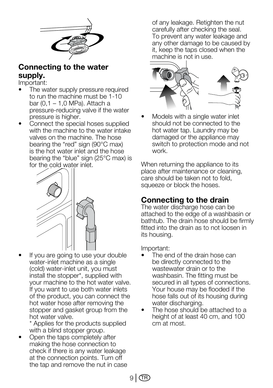 Connecting to the water supply, Connecting to the drain | Beko D2 7082 E User Manual | Page 9 / 36