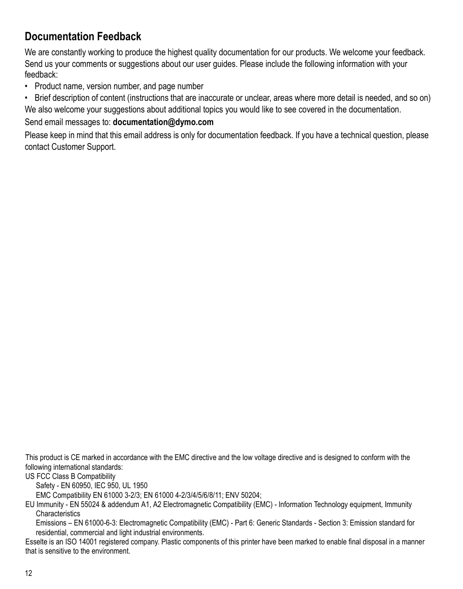 Documentation feedback | Dymo LabelPoint 250 User Manual | Page 11 / 12