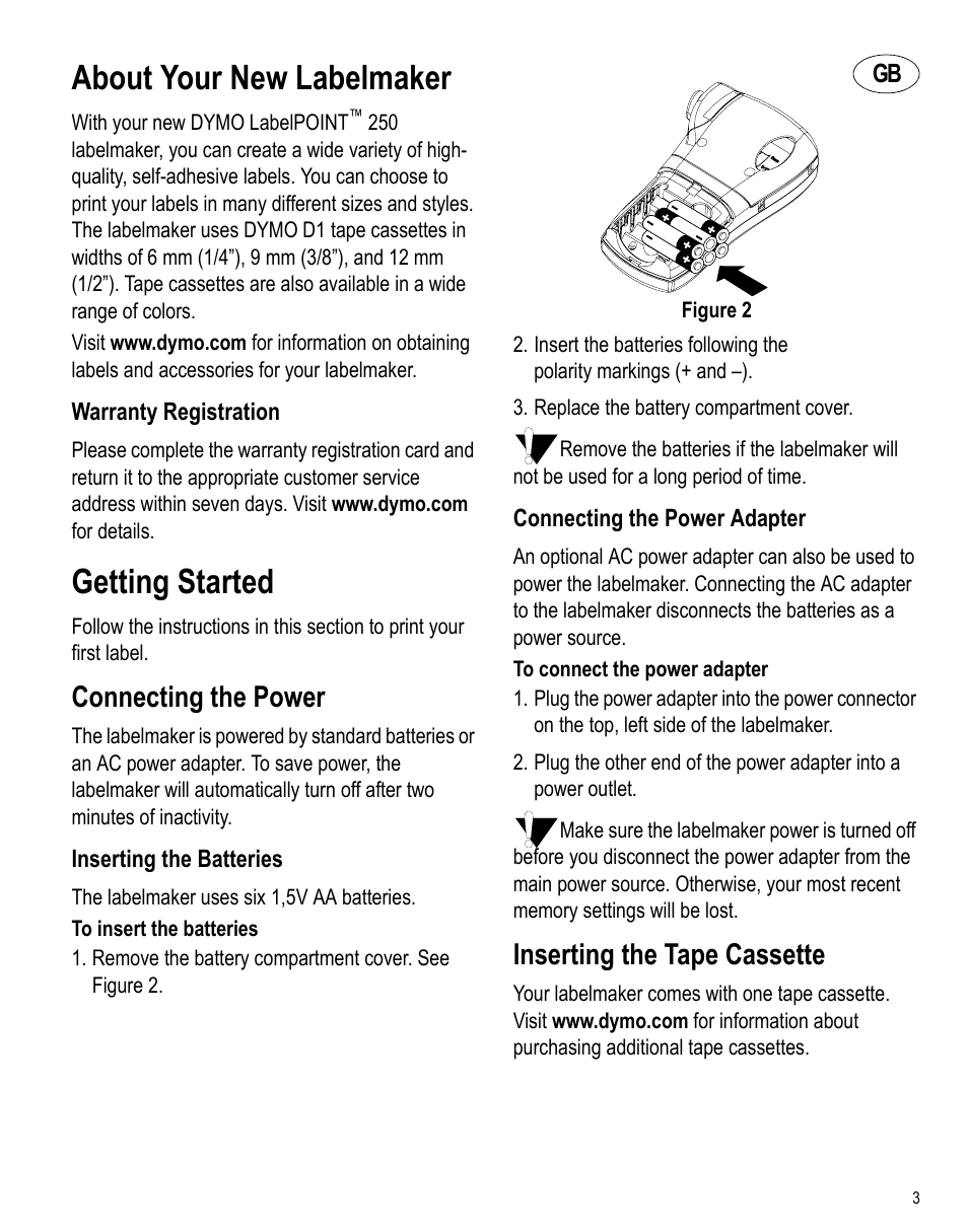 About your new labelmaker, Warranty registration, Getting started | Connecting the power, Inserting the batteries, Connecting the power adapter, Inserting the tape cassette | Dymo LabelPoint 250 User Manual | Page 2 / 12