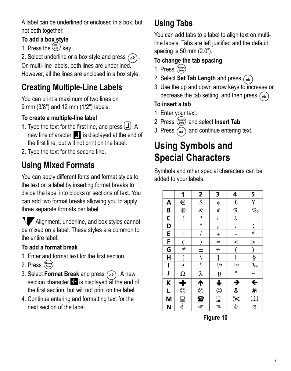 Creating multiple-line labels, Using mixed formats, Using tabs | Using symbols and special characters | Dymo LabelPoint 250 User Manual | Page 6 / 12