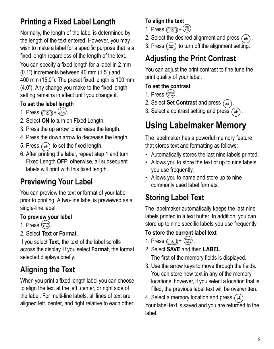 Printing a fixed label length, Previewing your label, Aligning the text | Adjusting the print contrast, Using labelmaker memory, Storing label text | Dymo LabelPoint 250 User Manual | Page 8 / 12