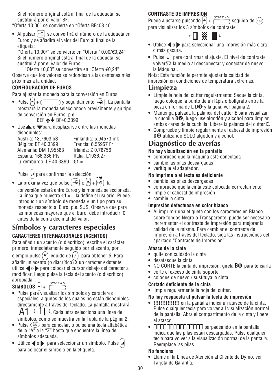 Símbolos y caracteres especiales, Limpieza, Diagnóstico de averías | Dymo LabelPoint 300 User Manual | Page 12 / 12