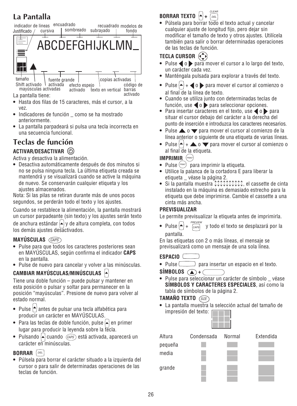 Abcdefghijklmn, La pantalla, Teclas de función | Dymo LabelPoint 300 User Manual | Page 8 / 12