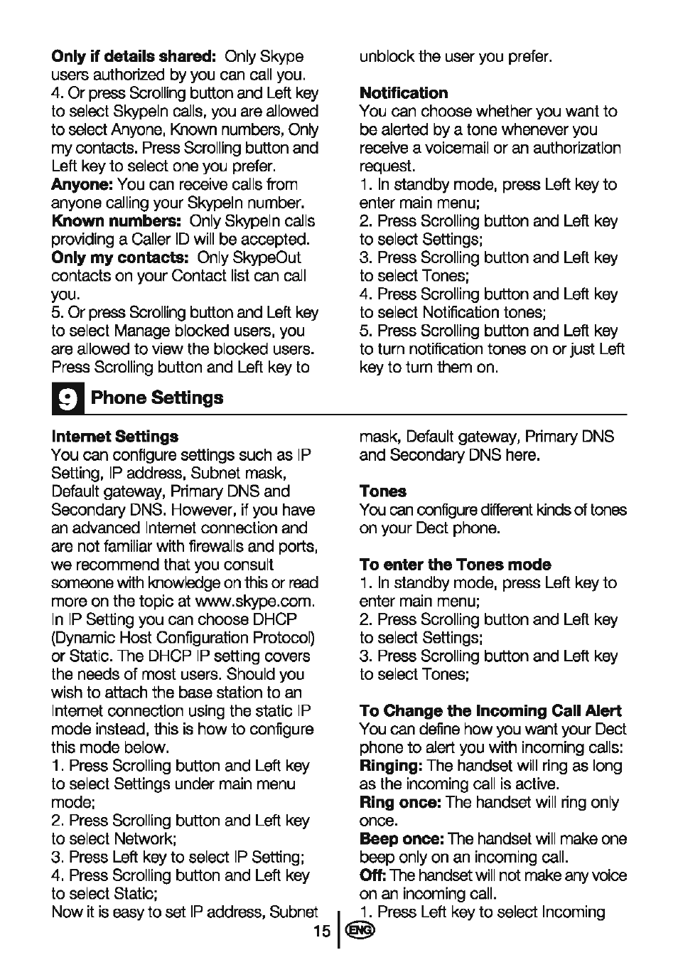 Phone settings | Beko BD-610 User Manual | Page 17 / 26