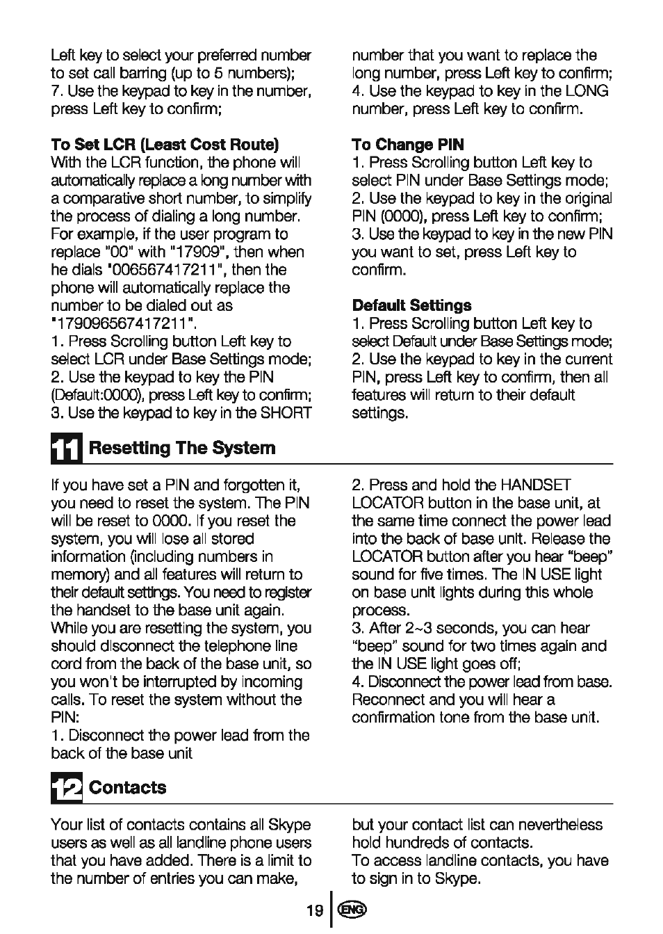 Ed resetting the system, Contacts | Beko BD-610 User Manual | Page 21 / 26