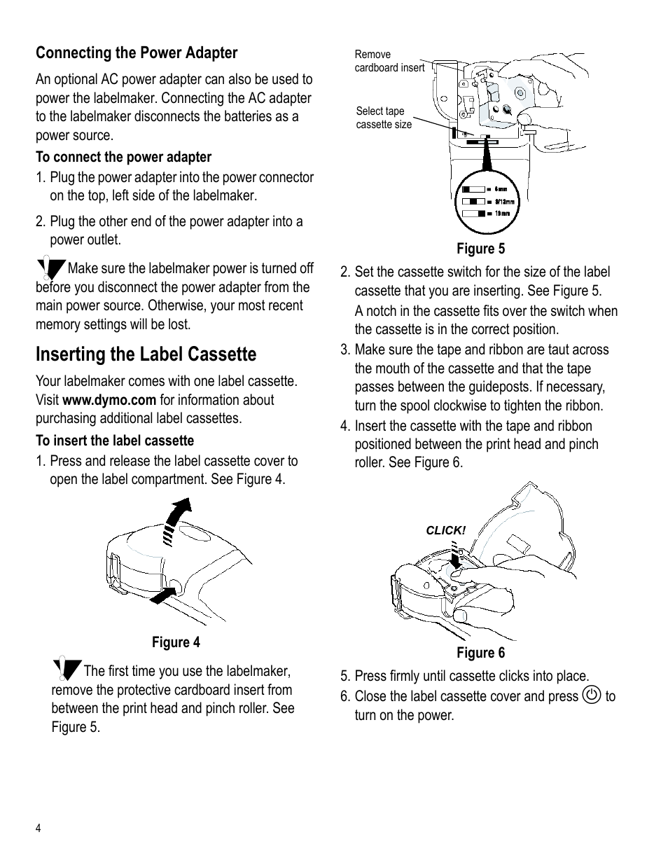 Connecting the power adapter, Inserting the label cassette | Dymo LabelPoint 350 Hardware Manual User Manual | Page 2 / 14