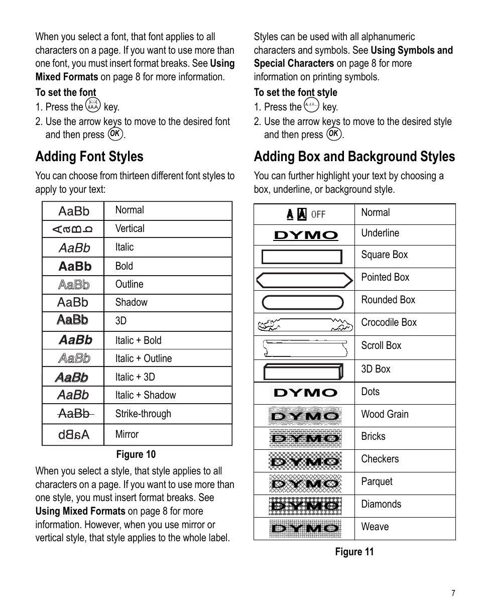 Adding font styles, Adding box and background styles | Dymo LabelPoint 350 Hardware Manual User Manual | Page 5 / 14