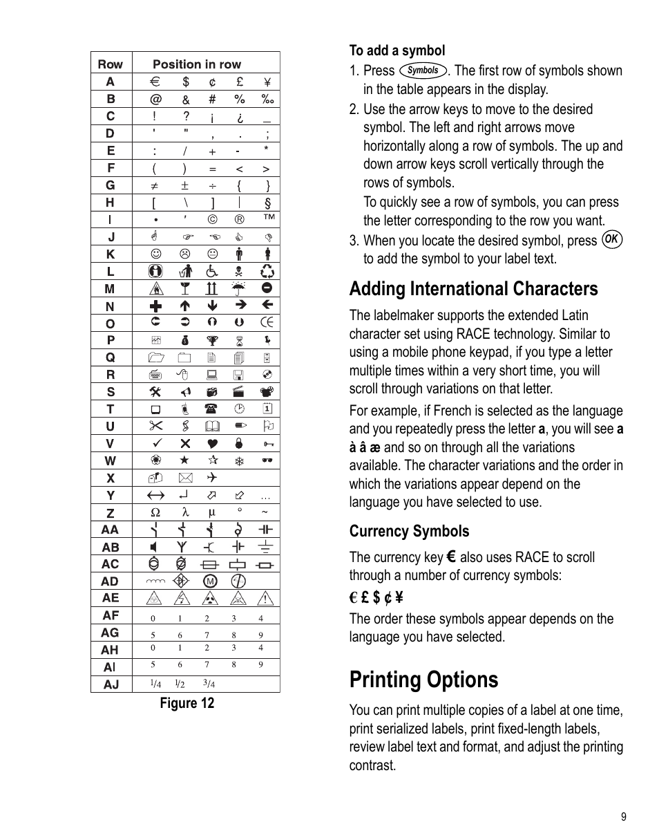 Adding international characters, Currency symbols, Printing options | Dymo LabelPoint 350 Hardware Manual User Manual | Page 7 / 14