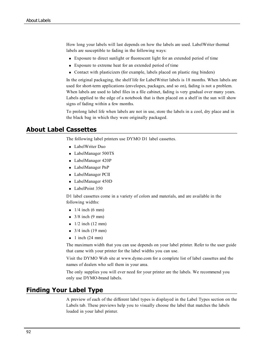 About label cassettes, Finding your label type | Dymo LabelWriter 300,310,320,330 DLS 8 User Manual | Page 100 / 122