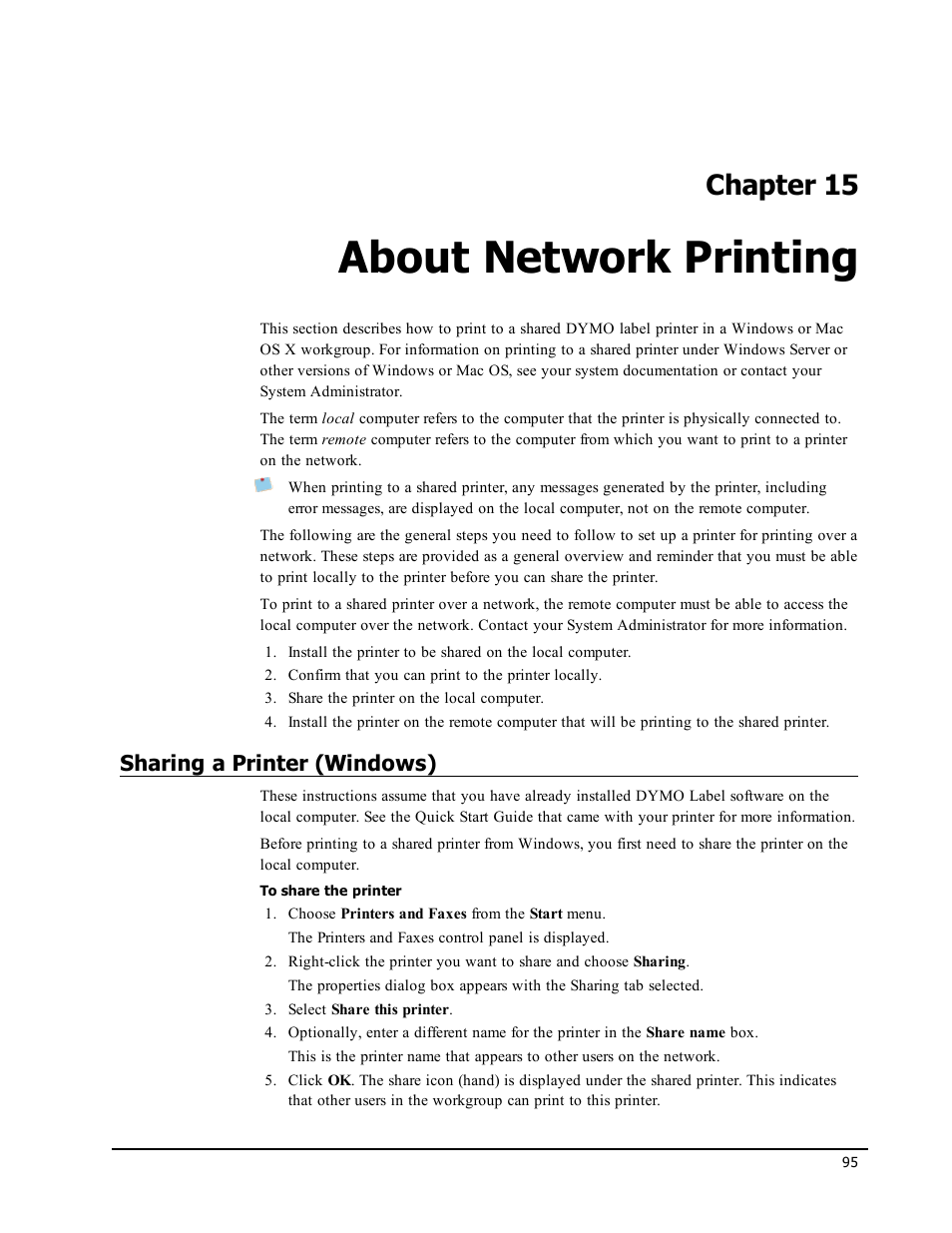 About network printing, Sharing a printer (windows), Chapter 15 | Dymo LabelWriter 300,310,320,330 DLS 8 User Manual | Page 103 / 122