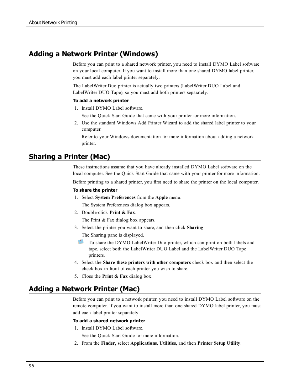 Adding a network printer (windows), Sharing a printer (mac), Adding a network printer (mac) | Dymo LabelWriter 300,310,320,330 DLS 8 User Manual | Page 104 / 122