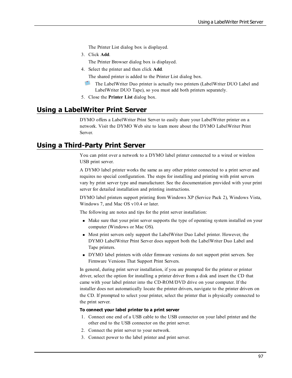 Using a labelwriter print server, Using a third-party print server | Dymo LabelWriter 300,310,320,330 DLS 8 User Manual | Page 105 / 122