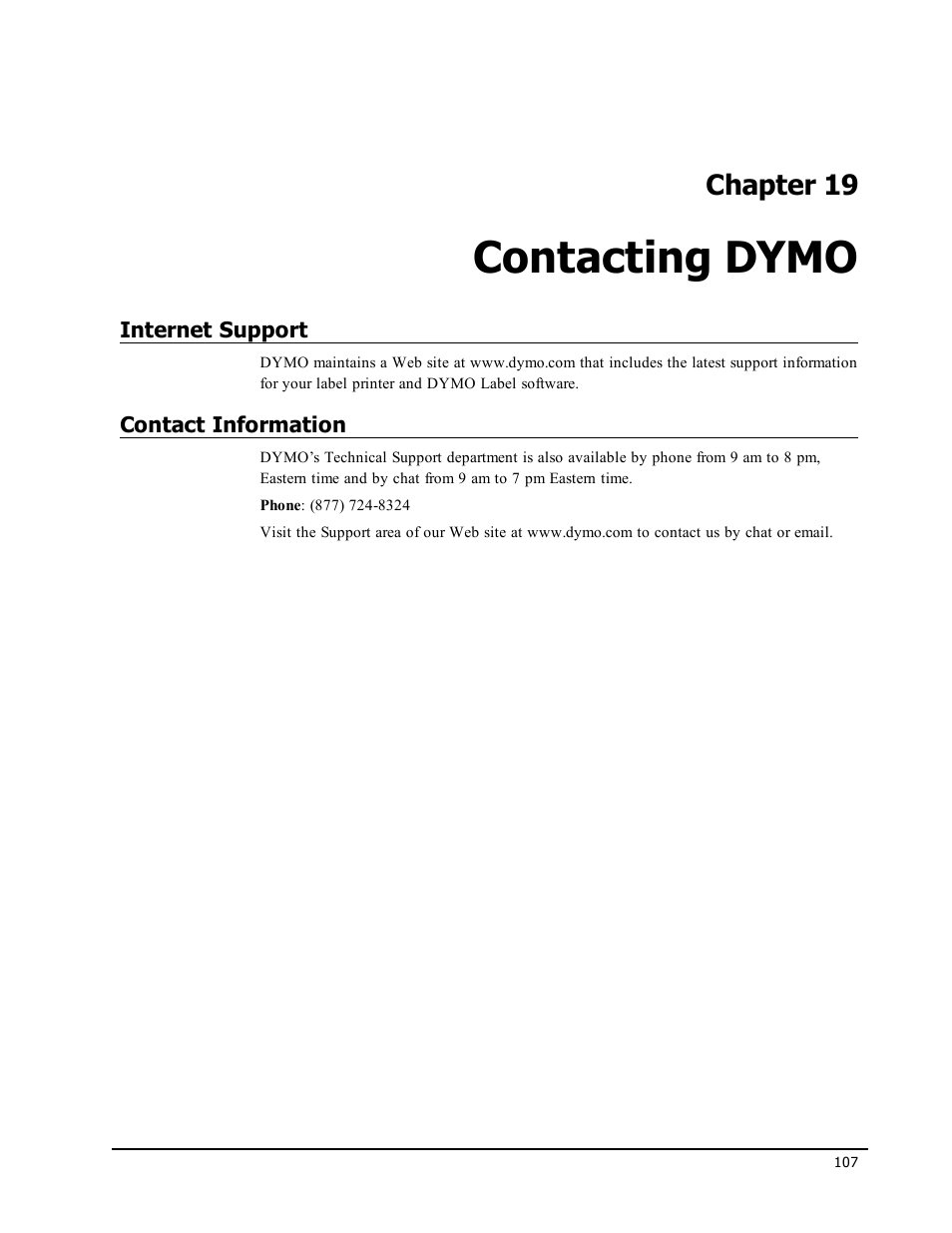 Contacting dymo, Internet support, Contact information | Chapter 19 | Dymo LabelWriter 300,310,320,330 DLS 8 User Manual | Page 115 / 122