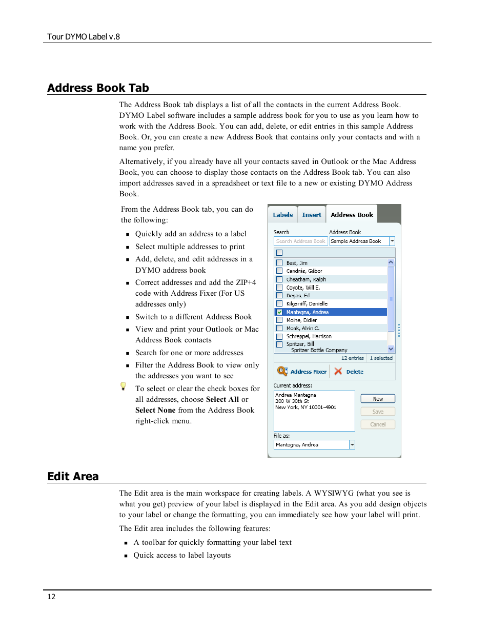 Address book tab, Edit area | Dymo LabelWriter 300,310,320,330 DLS 8 User Manual | Page 20 / 122