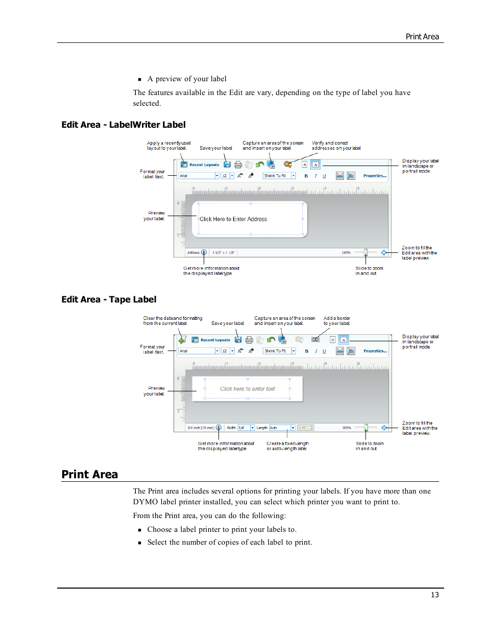 Edit area - labelwriter label, Edit area - tape label, Print area | Dymo LabelWriter 300,310,320,330 DLS 8 User Manual | Page 21 / 122