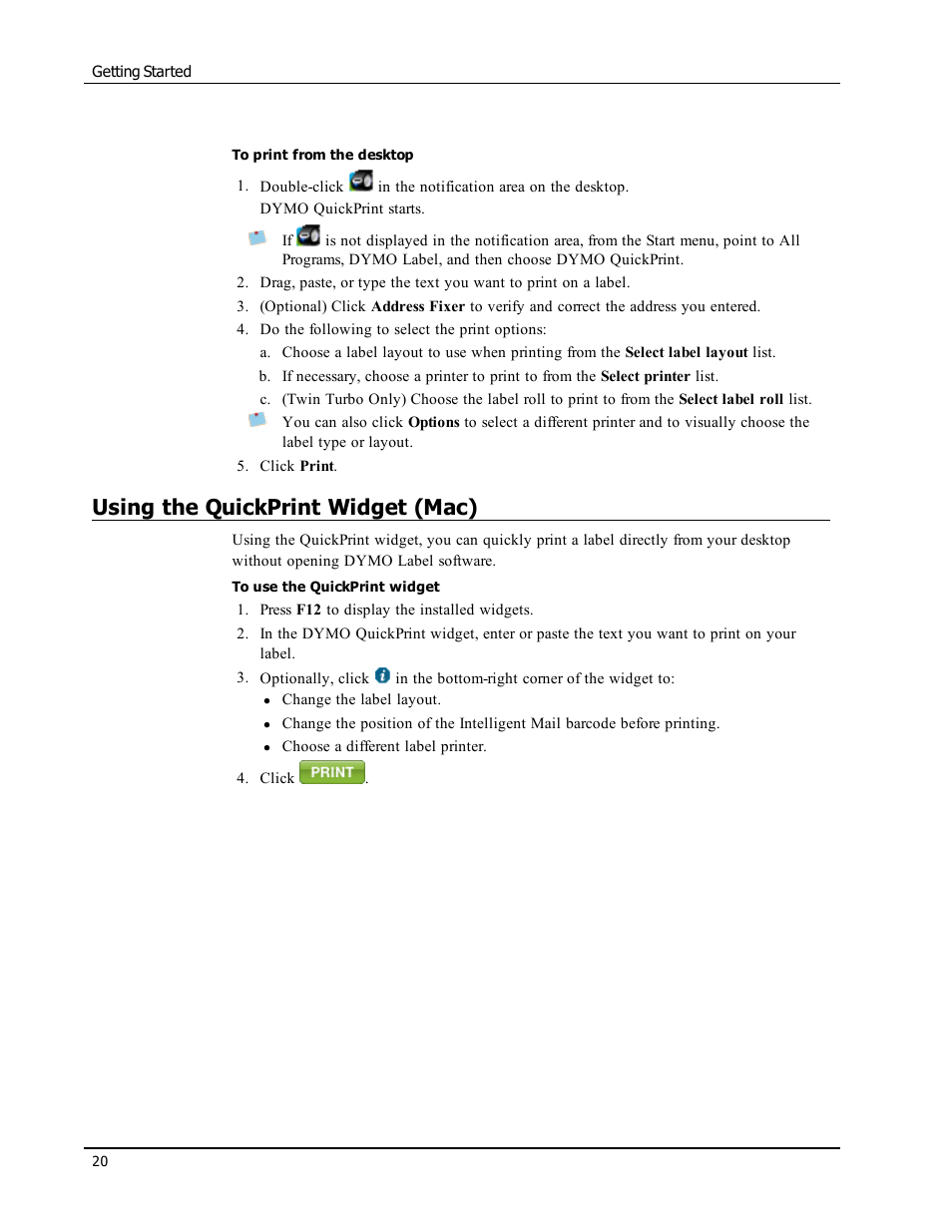 Using the quickprint widget (mac) | Dymo LabelWriter 300,310,320,330 DLS 8 User Manual | Page 28 / 122