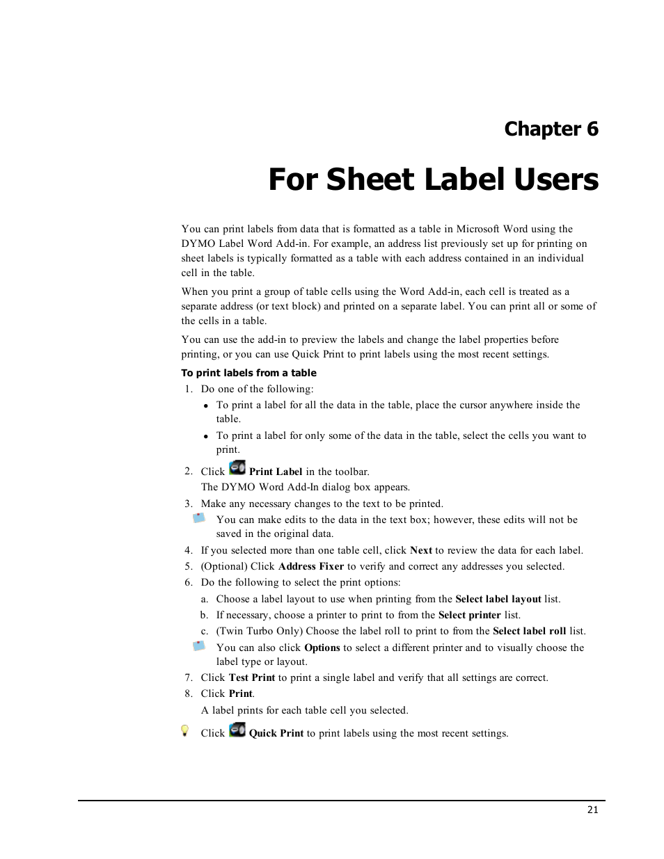 For sheet label users, Chapter 6 | Dymo LabelWriter 300,310,320,330 DLS 8 User Manual | Page 29 / 122