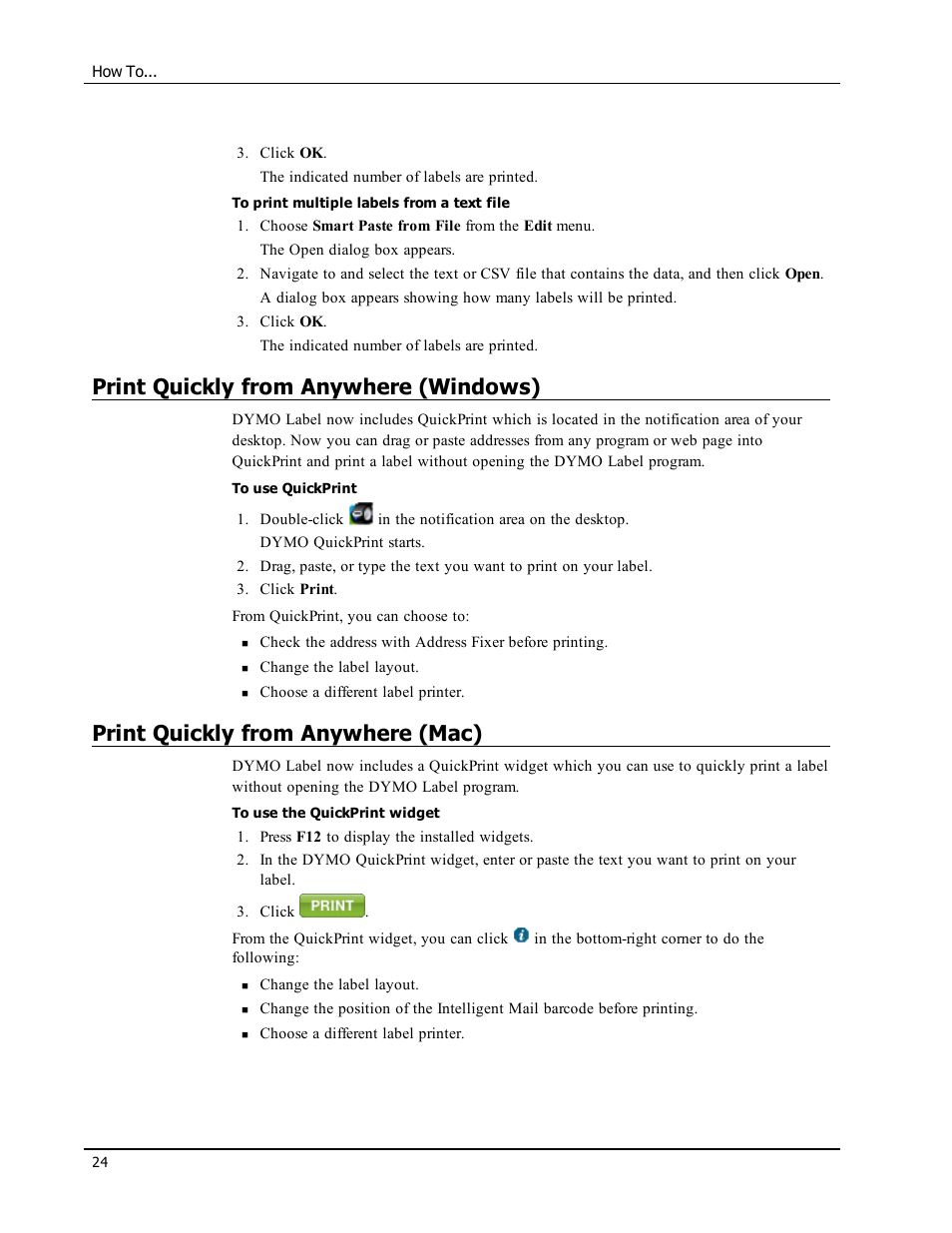 Print quickly from anywhere (windows), Print quickly from anywhere (mac), Print quickly from anywhere | Dymo LabelWriter 300,310,320,330 DLS 8 User Manual | Page 32 / 122