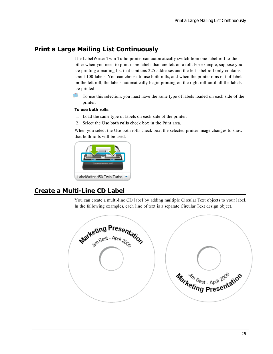 Print a large mailing list continuously, Create a multi-line cd label | Dymo LabelWriter 300,310,320,330 DLS 8 User Manual | Page 33 / 122