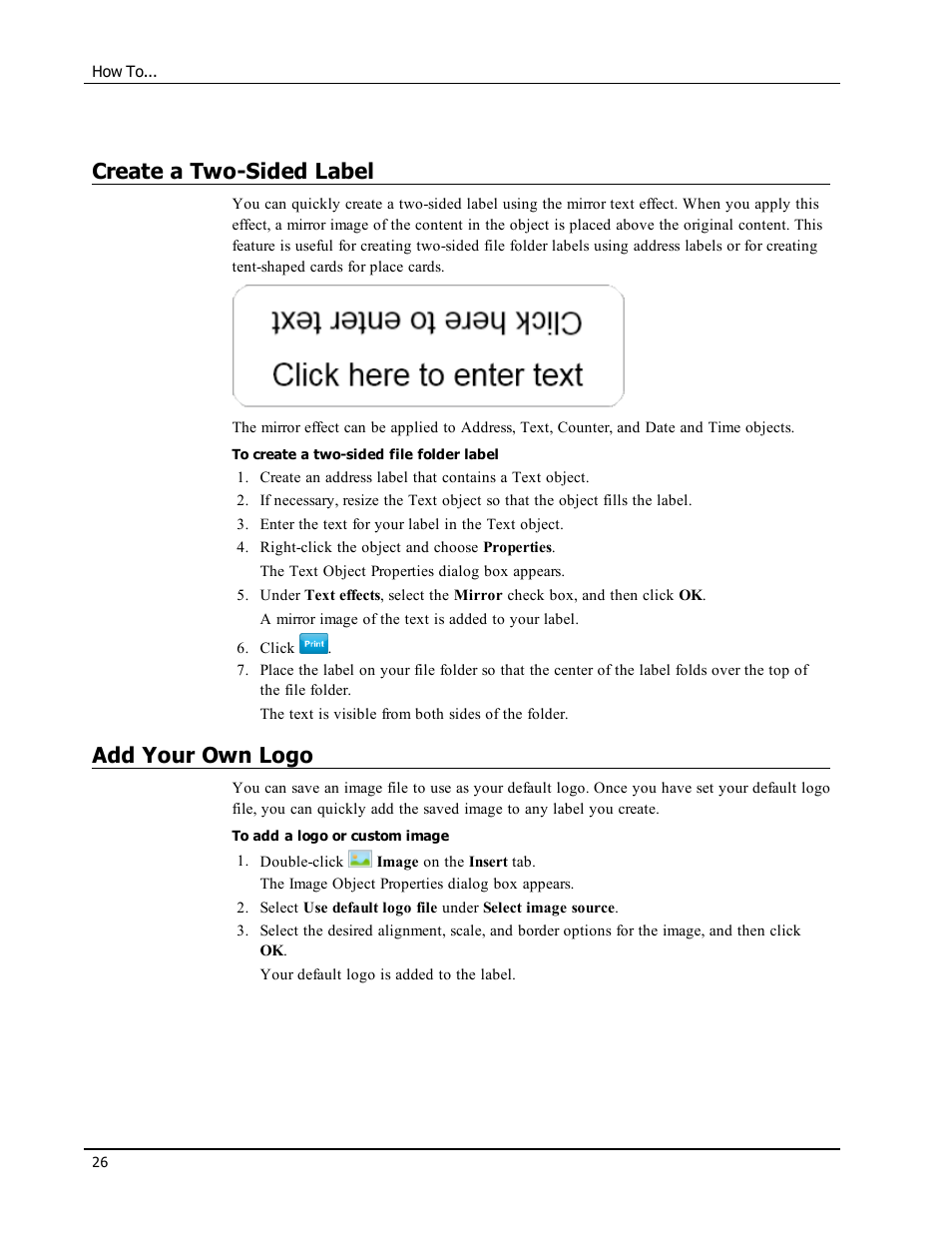 Create a two-sided label, Add your own logo | Dymo LabelWriter 300,310,320,330 DLS 8 User Manual | Page 34 / 122