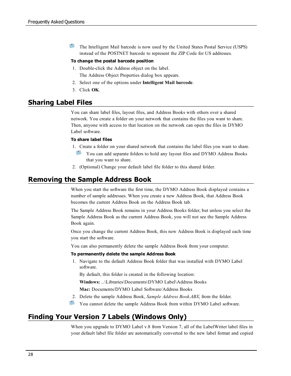 Sharing label files, Removing the sample address book, Finding your version 7 labels (windows only) | Finding your version 7 labels | Dymo LabelWriter 300,310,320,330 DLS 8 User Manual | Page 36 / 122