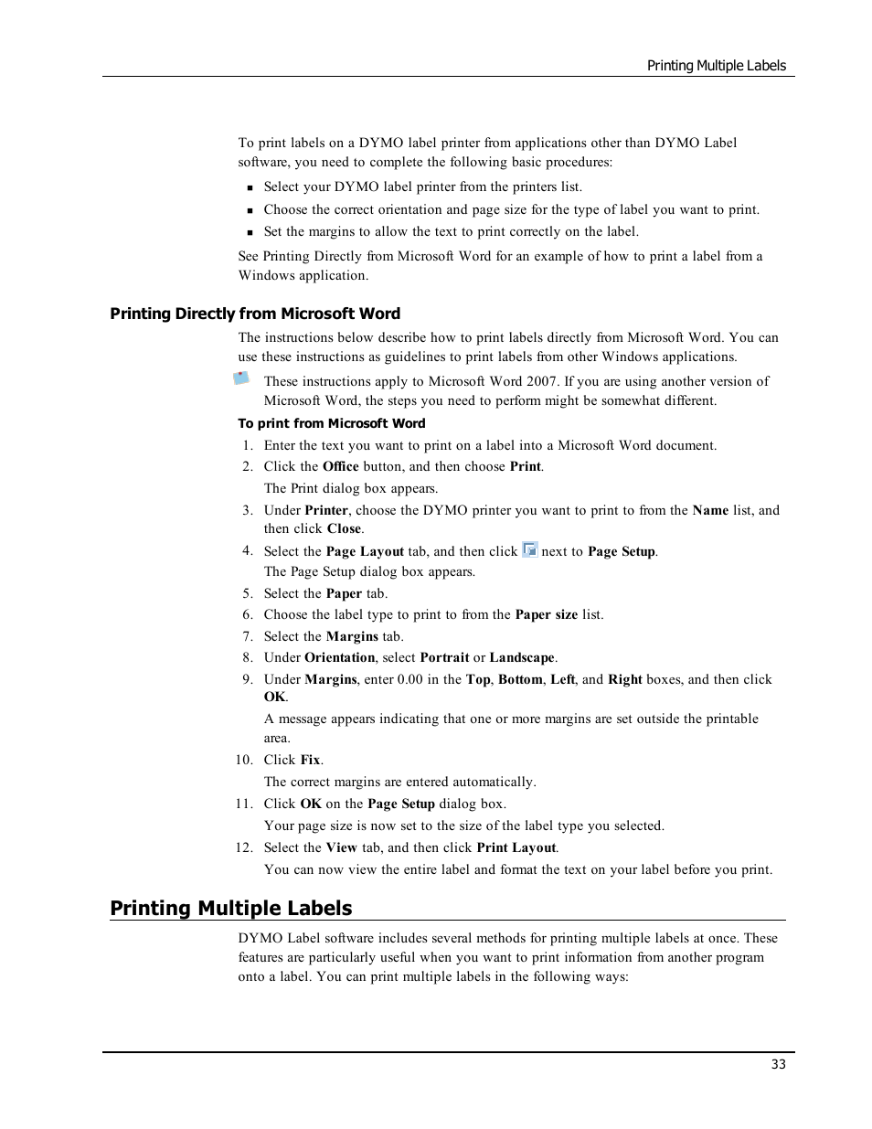 Printing directly from microsoft word, Printing multiple labels, Print multiple labels at once | Dymo LabelWriter 300,310,320,330 DLS 8 User Manual | Page 41 / 122