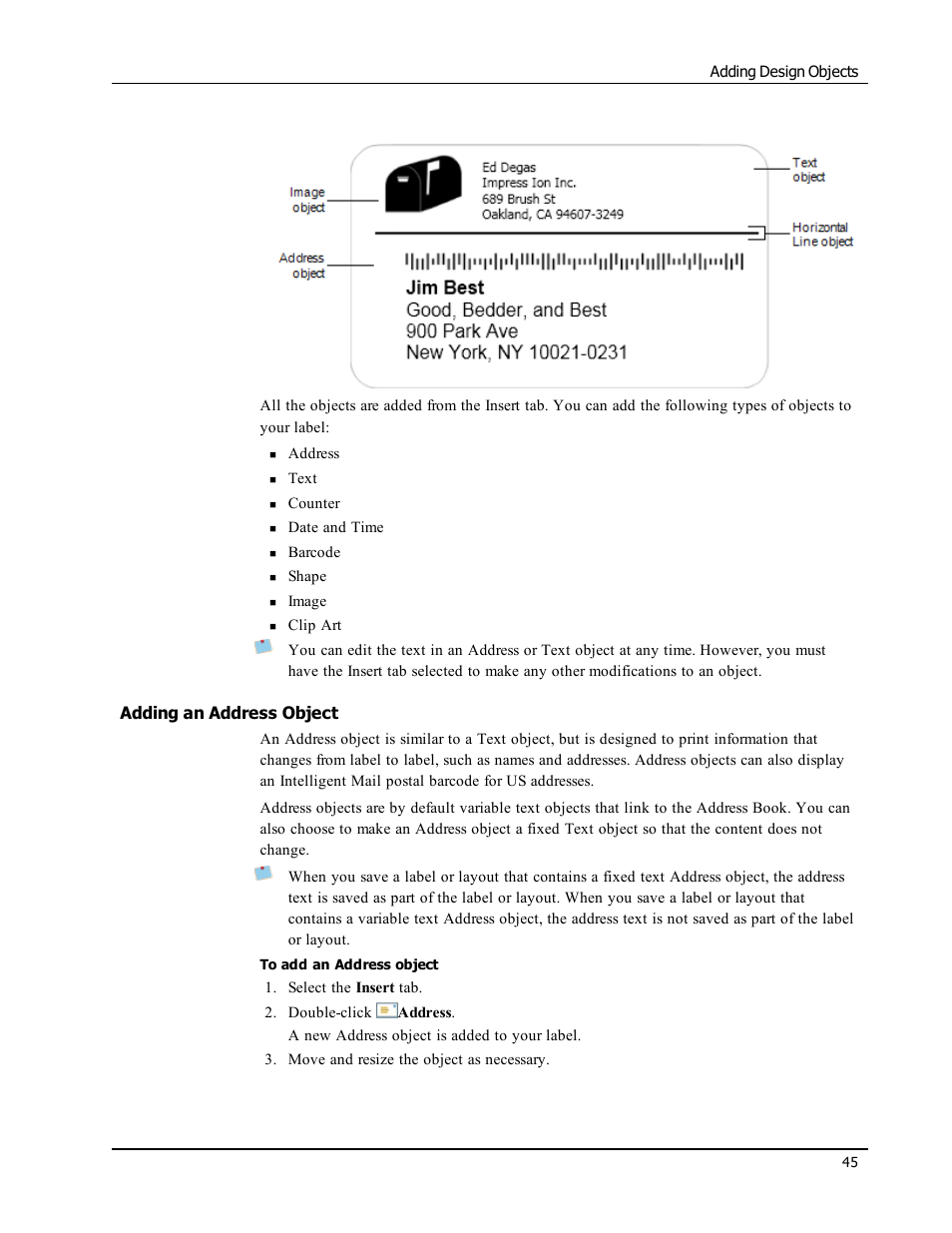 Adding an address object | Dymo LabelWriter 300,310,320,330 DLS 8 User Manual | Page 53 / 122