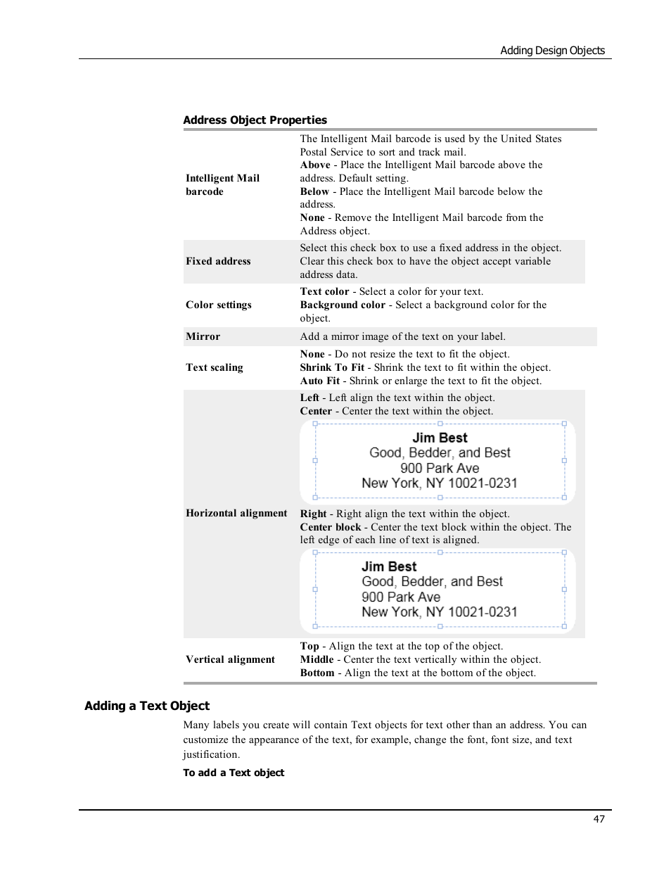 Adding a text object, Text | Dymo LabelWriter 300,310,320,330 DLS 8 User Manual | Page 55 / 122