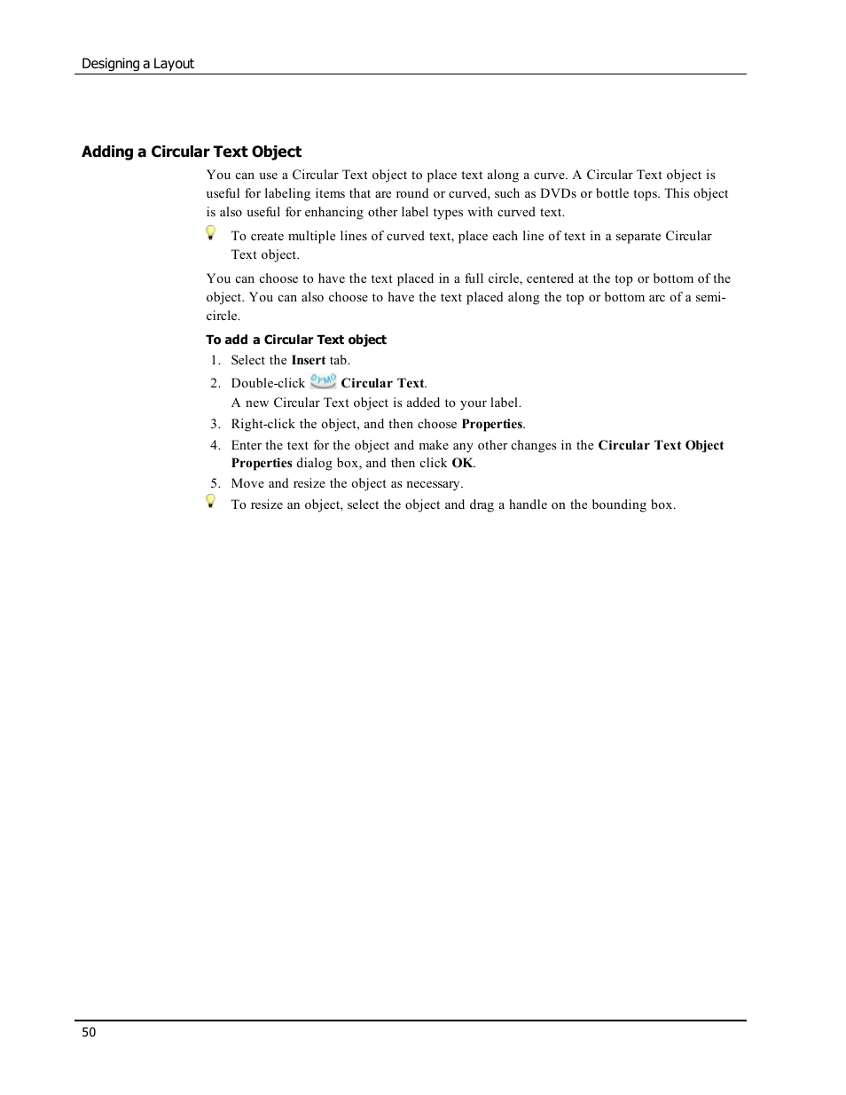 Adding a circular text object | Dymo LabelWriter 300,310,320,330 DLS 8 User Manual | Page 58 / 122