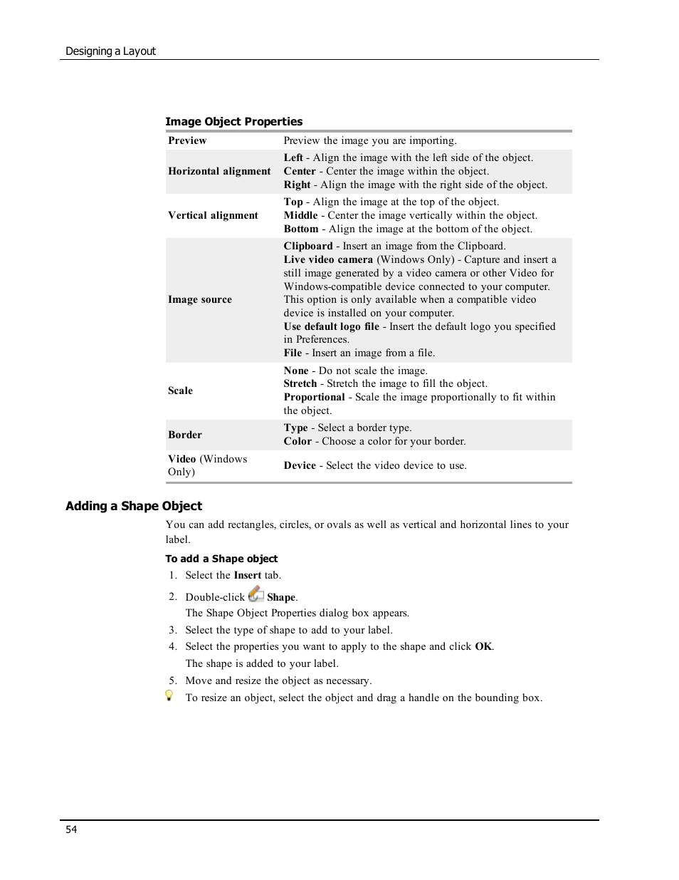 Adding a shape object, Shape | Dymo LabelWriter 300,310,320,330 DLS 8 User Manual | Page 62 / 122