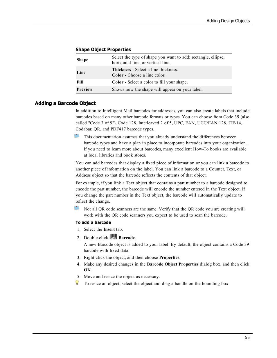 Adding a barcode object, Barcode | Dymo LabelWriter 300,310,320,330 DLS 8 User Manual | Page 63 / 122