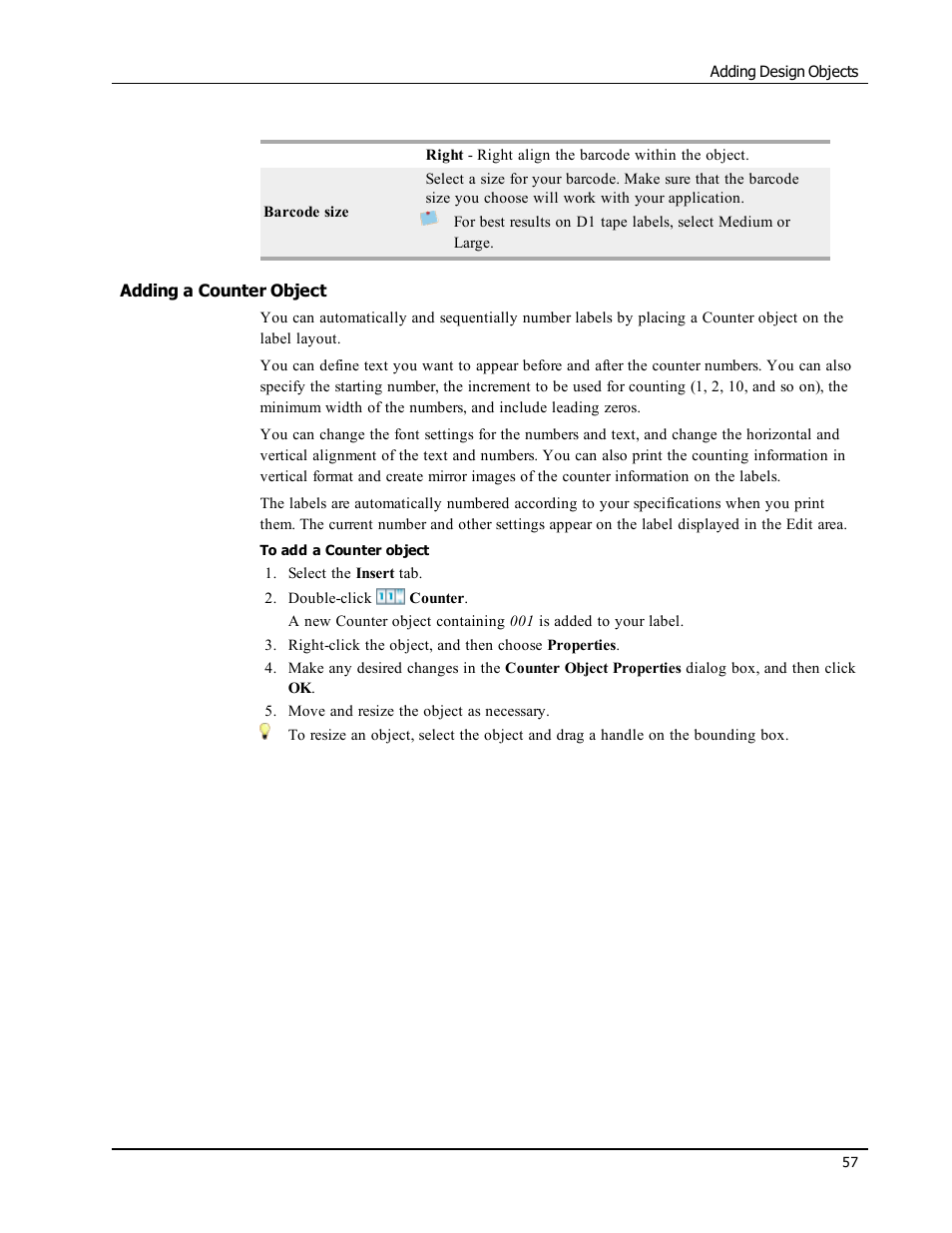 Adding a counter object, Counter | Dymo LabelWriter 300,310,320,330 DLS 8 User Manual | Page 65 / 122