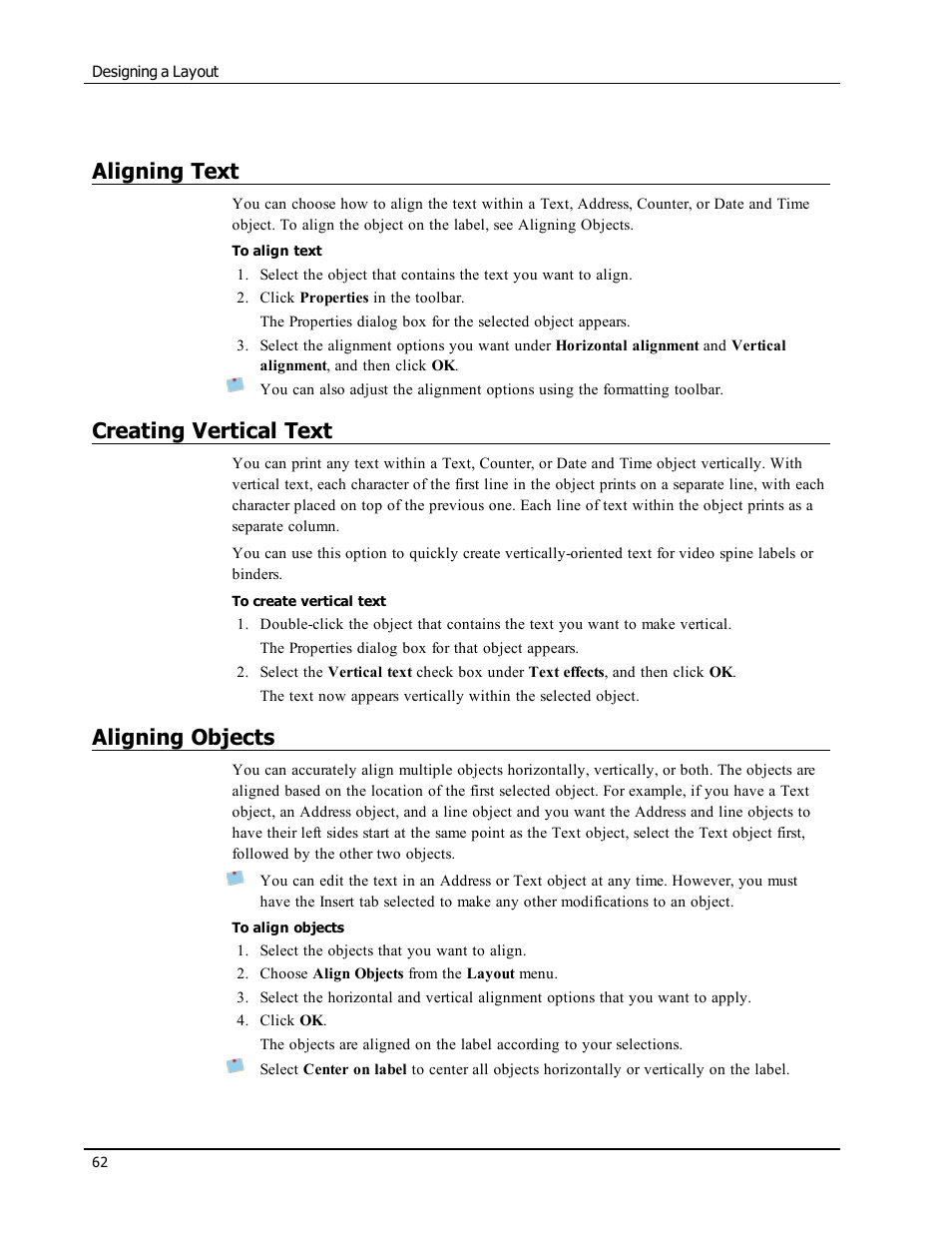 Aligning text, Creating vertical text, Aligning objects | Add vertical text to your label | Dymo LabelWriter 300,310,320,330 DLS 8 User Manual | Page 70 / 122