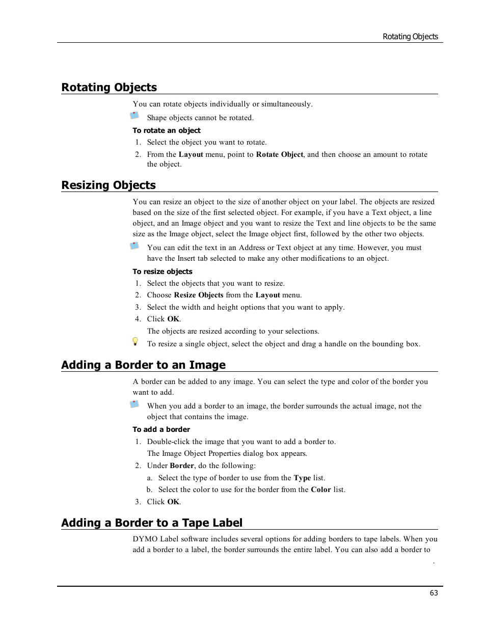 Rotating objects, Resizing objects, Adding a border to an image | Adding a border to a tape label, Add a border to an image, Add a border to your label | Dymo LabelWriter 300,310,320,330 DLS 8 User Manual | Page 71 / 122